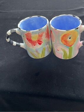 2. Hand Painted Gerbera Daisy &Poppy  Mugs 16 Oz By Victoria Heisler 4.5” Tall